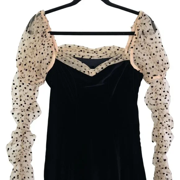 Doen Criselda Midi Dress Black Velvet Polka Dot Puff‎ Sleeve Heirloom Size 00 - Picture 6 of 12